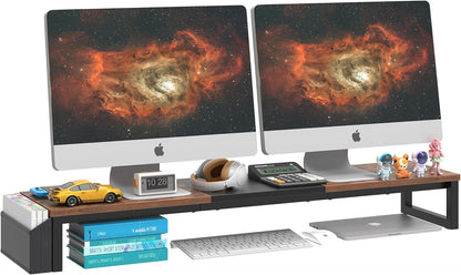 LAND·VOI Heavy Duty Dual Monitor Stand, Holds 2 Screens Up to 27 Inches, Adjustable Length and Angle Monitor Riser, Desk Organizer with Side Pockets and Drawers, Home Office Desk Storage, Rustic Brown