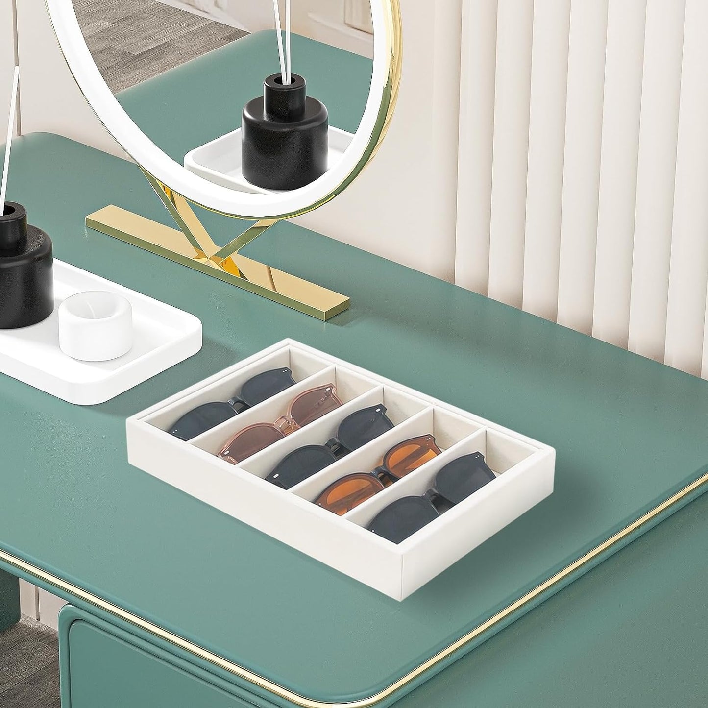 Bedside Organizer - Multi-use Nightstand & Desk-top Catchall Tray for Jewelry, Sunglasses, Phone, Watch, Perfume, Lipstick (Beige 3Grid)