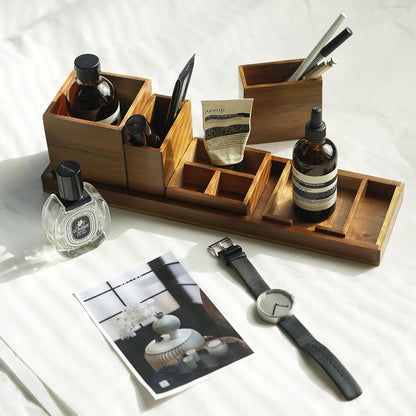 Bamboo Vanity Tray, 6-Piece Bathroom Countertop Vanity Tray Set, Makeup Kitchen Desk Organizer and Storage - Holds Small Items