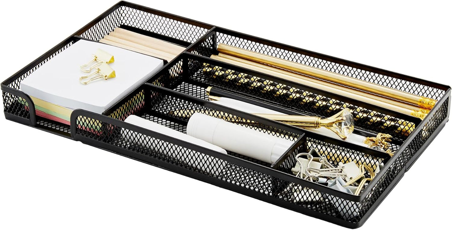 Annova Desk Drawer Organizer Tray for Office Organization - Metal Mesh - Storage Tray with Dividers for Pens, Desktop Accessories, Bathroom, Kitchen, Makeup and Office Supplies (Small, Gold)