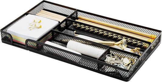 Annova Desk Drawer Organizer Tray for Office Organization - Metal Mesh - Storage Tray with Dividers for Pens, Desktop Accessories, Bathroom, Kitchen, Makeup and Office Supplies (Small, Gold)