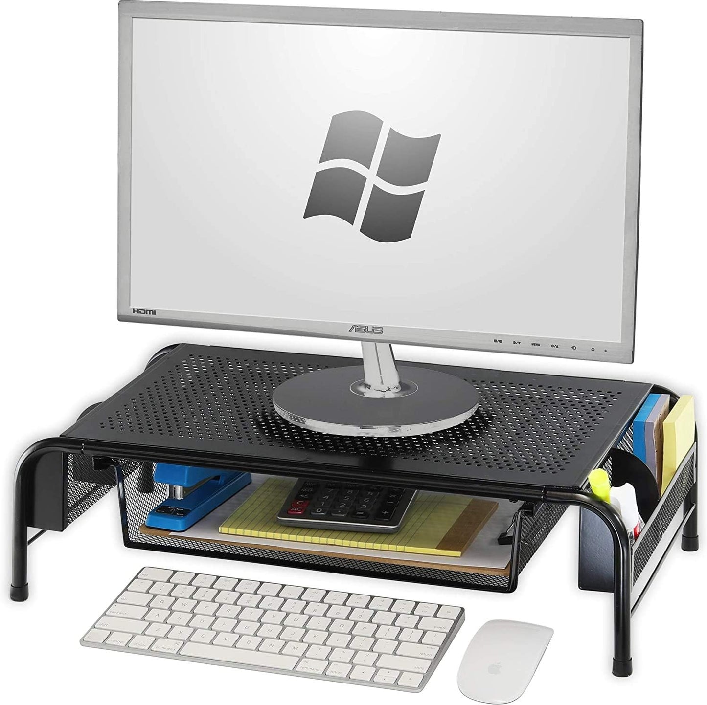 Simple Houseware Metal Desk Monitor Stand Riser with Organizer Drawer, White