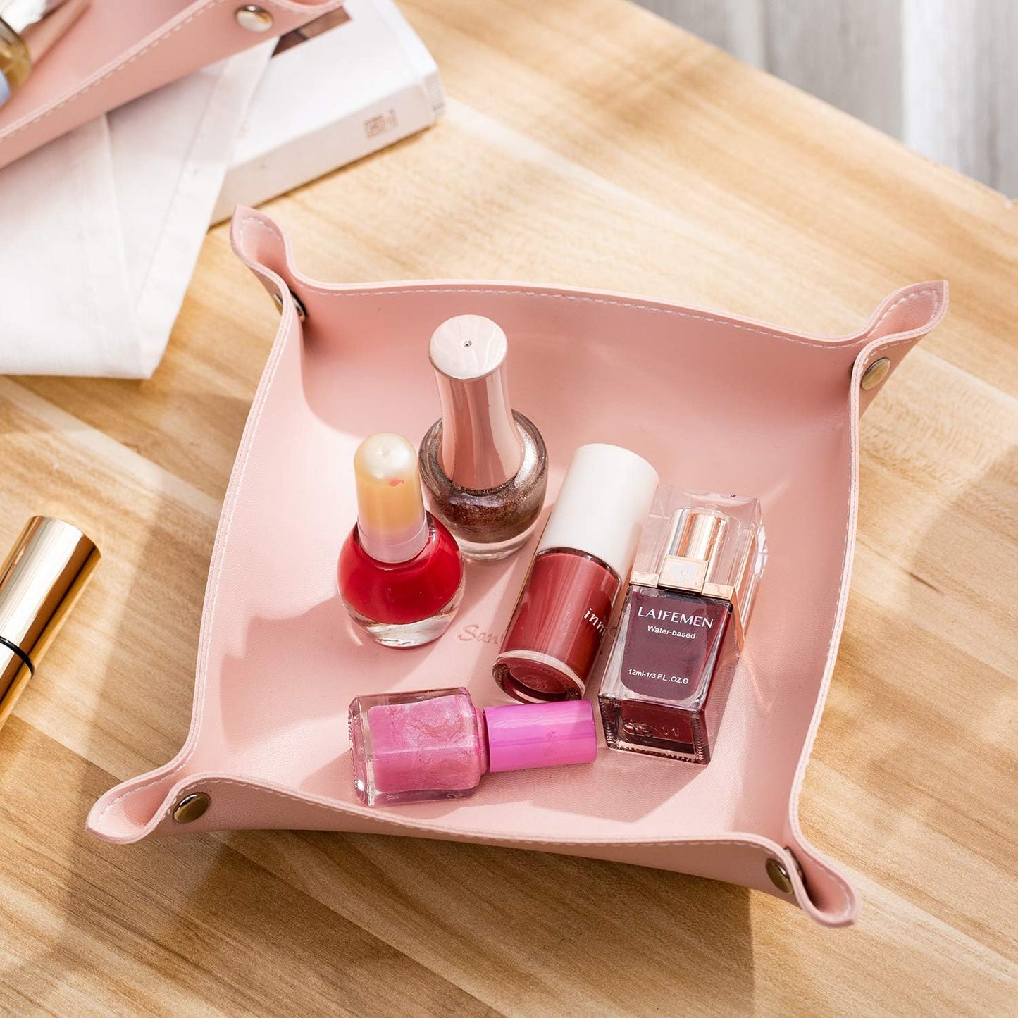 SANQIANWAN Leather Jewelry Valet Tray for Women and Man, Entryway Table Bedside Nightstand Desk Portable Small Catchall Travel Dish Plate for Key,Wallet,Watch,Phone,Coin(Pink-B)