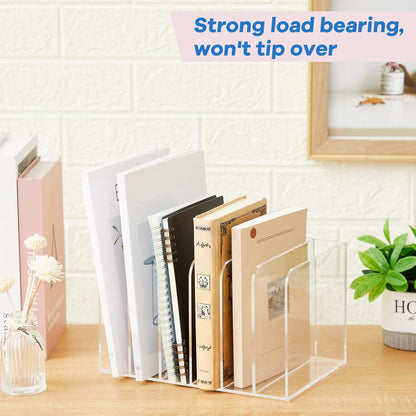 Suzile Clear Acrylic Magazine File Holder with Vertical Compartments Desk Organizer Book Rack for Desk Sorter Paper Folder Office Accessories(Clear,14.2 x 7.2 x 6.5 Inch)