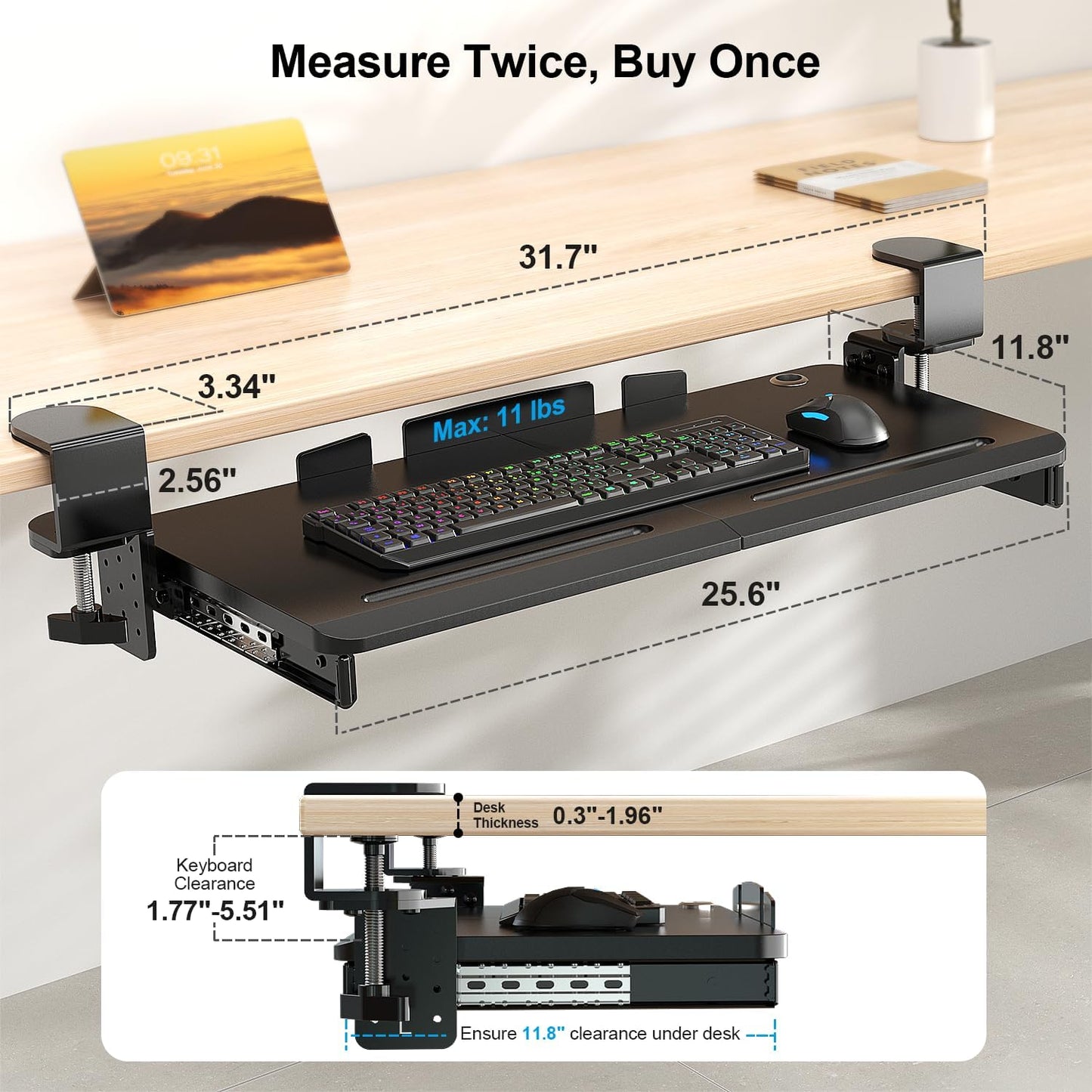 Supcline Keyboard Tray Under Desk with 60° Swivel C-Clamp & Height Adjustment for Corner Desk, 25.6 x 11.8 in Slide Out Keyboard Mouse Platform for l-Shaped & L-Shaped Table, Pull Out Keyboard Drawer