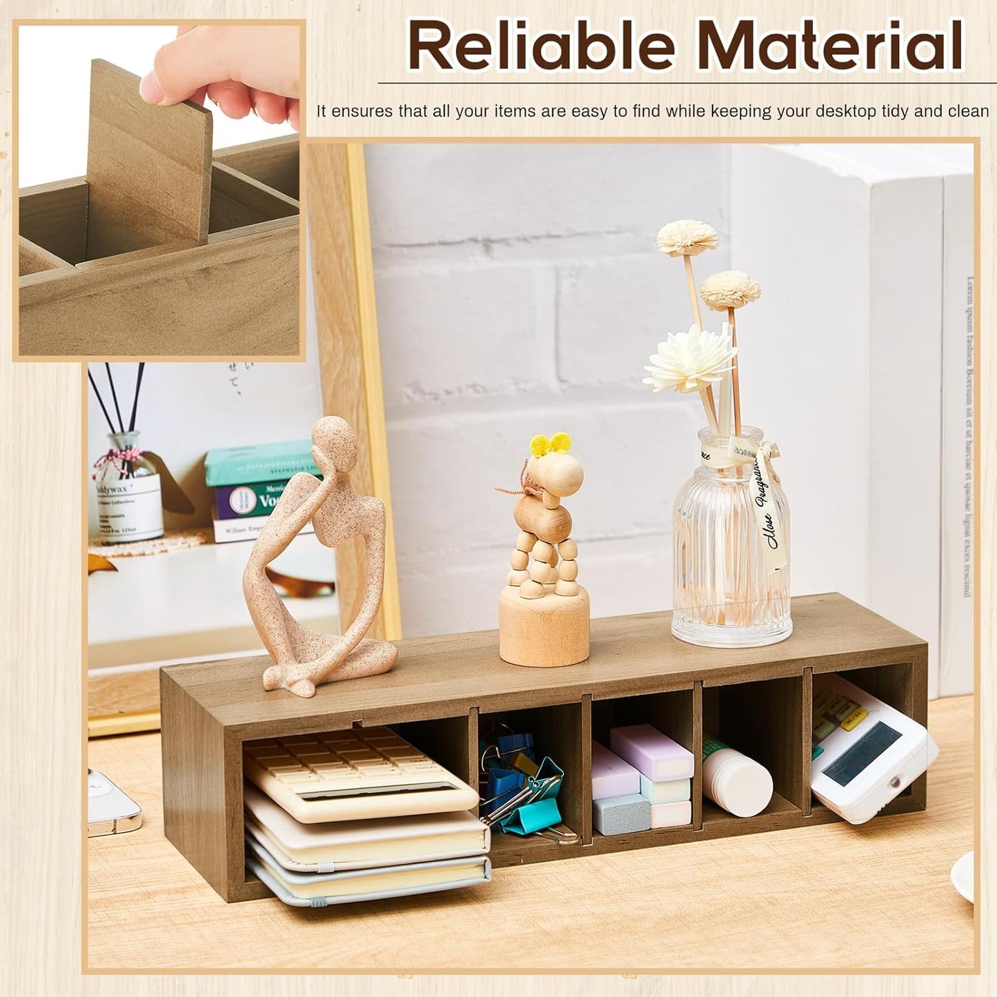 Jetec Wooden Pencil Holder 5 Compartments for Desk Adjustable Pen Holder Wood Office Desk Organizers and Accessories Makeup Brush Organizer for Pen, Home, Office and Art Supplies (White)