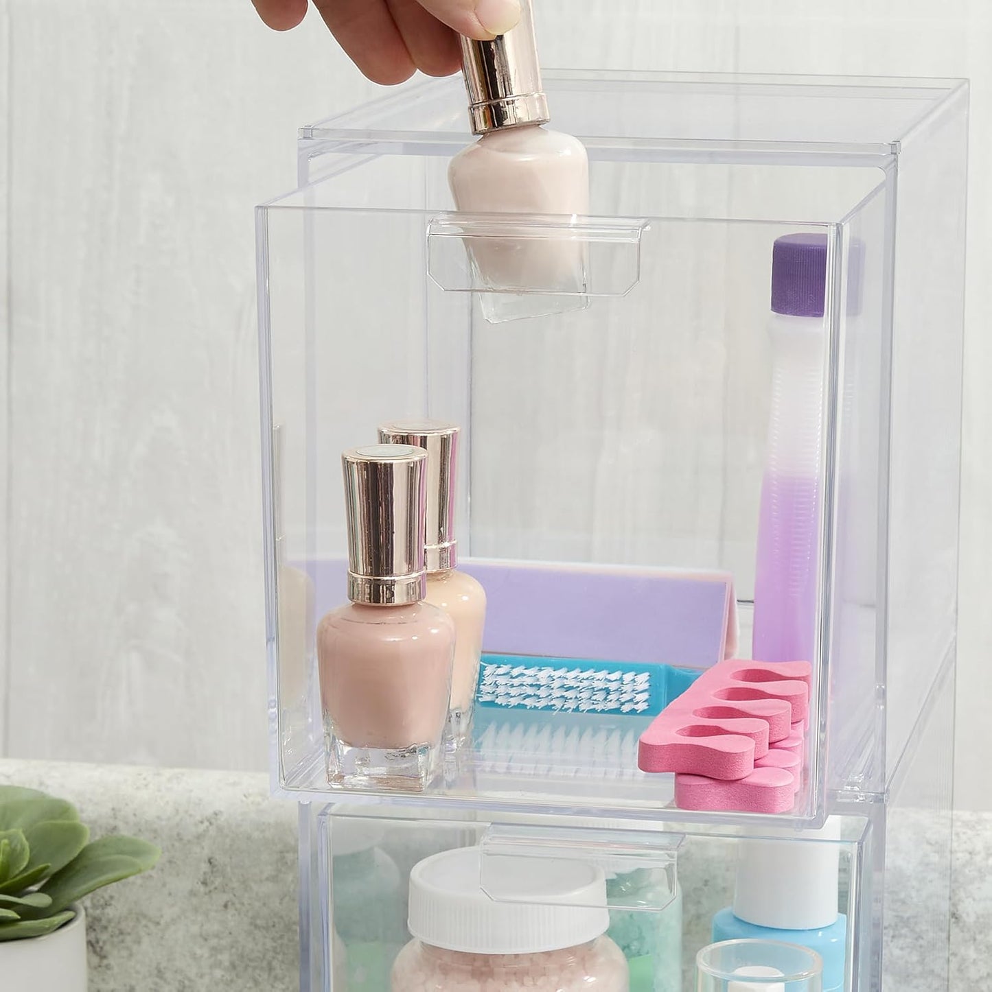 STORi Audrey Stackable Clear Bin Plastic Organizer Drawers | 2 Piece Set | Organize Cosmetics and Beauty Supplies on a Vanity | Made in USA