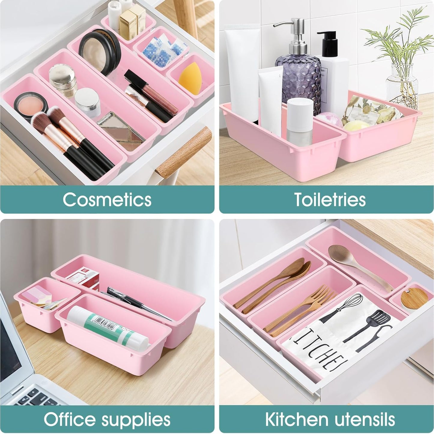 WOWBOX 25 PCS Clear Plastic Drawer Organizer Set, 4 Sizes Desk Drawer Divider Organizers and Storage Bins for Makeup, Jewelry, Gadgets for Kitchen, Bedroom, Bathroom, Office