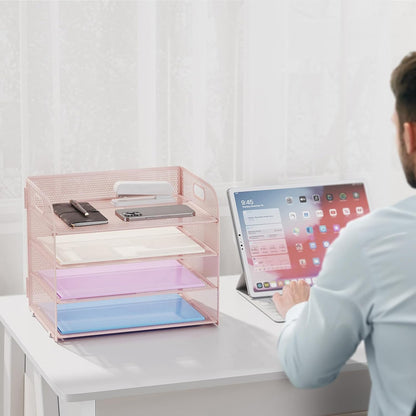 Marbrasse 4 Tier Paper Organizer Letter Tray - Mesh Desk File Organizer with Handle, Paper Sorter Organizer for Letter/A4 Office File Folder Holder (Black, 12.6" x 9.1" x 10.7")