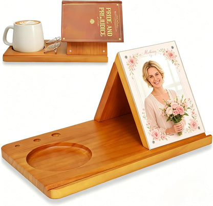 Wood Desktop Book Stand for Reading Rest Birthday and Mothers Day Gifts, Book Page Holder Thumb Bookmark,Magnet Couple Photo or Note, Book Accessories, Triangle Book Nook with Cup for Book Lovers