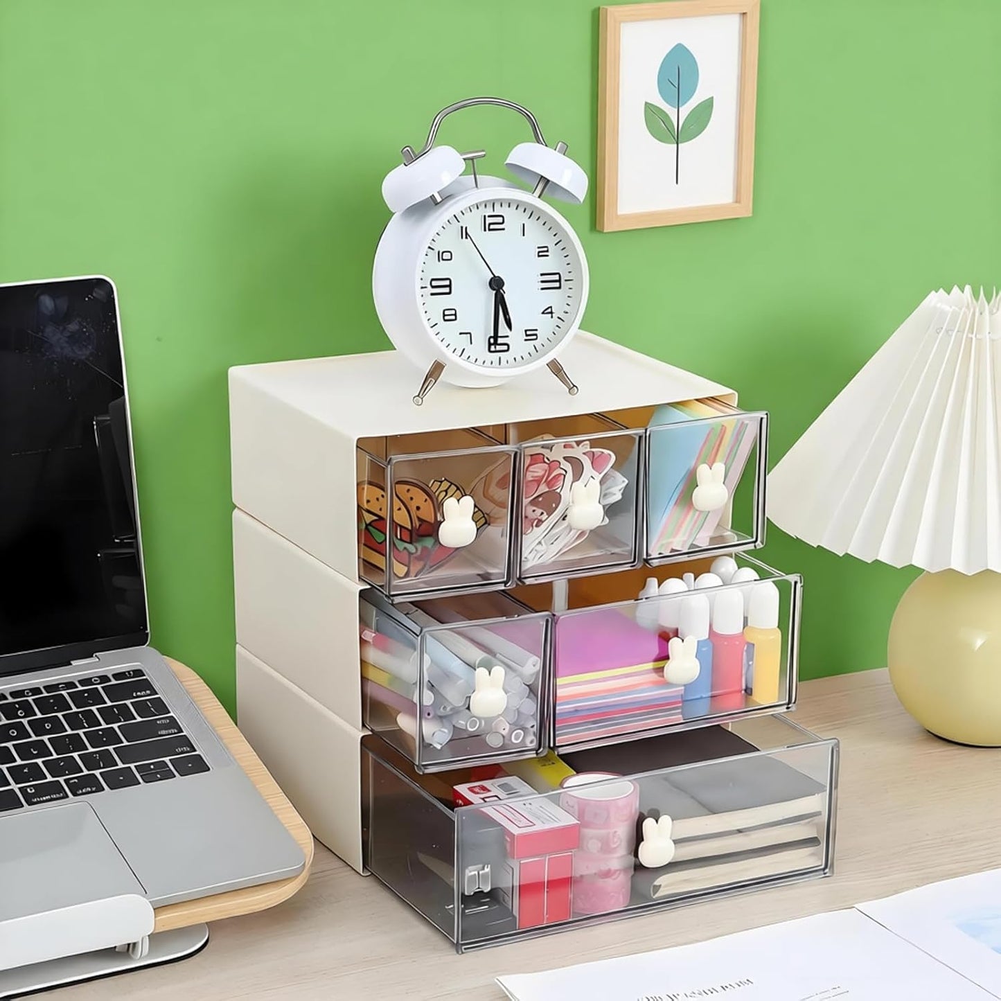 Desktop Storage Drawers, Plastic Desk Organizer with 3 Drawers, Modular Stackable Toolbox Units for Office Stationary, Makeup Container, Bathroom Countertop (1 Tall Layer, Cream & Clear)