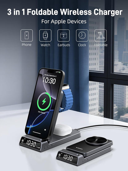 3 in 1 Charging Station for Apple, ELECDOV Magnetic Charger for iPhone, Foldable Wireless Charger with Clock, Travel Watch Charger Stand for iPhone 17/Air/16/15 Series, iWatch 10/AirPods 4 (Grey)
