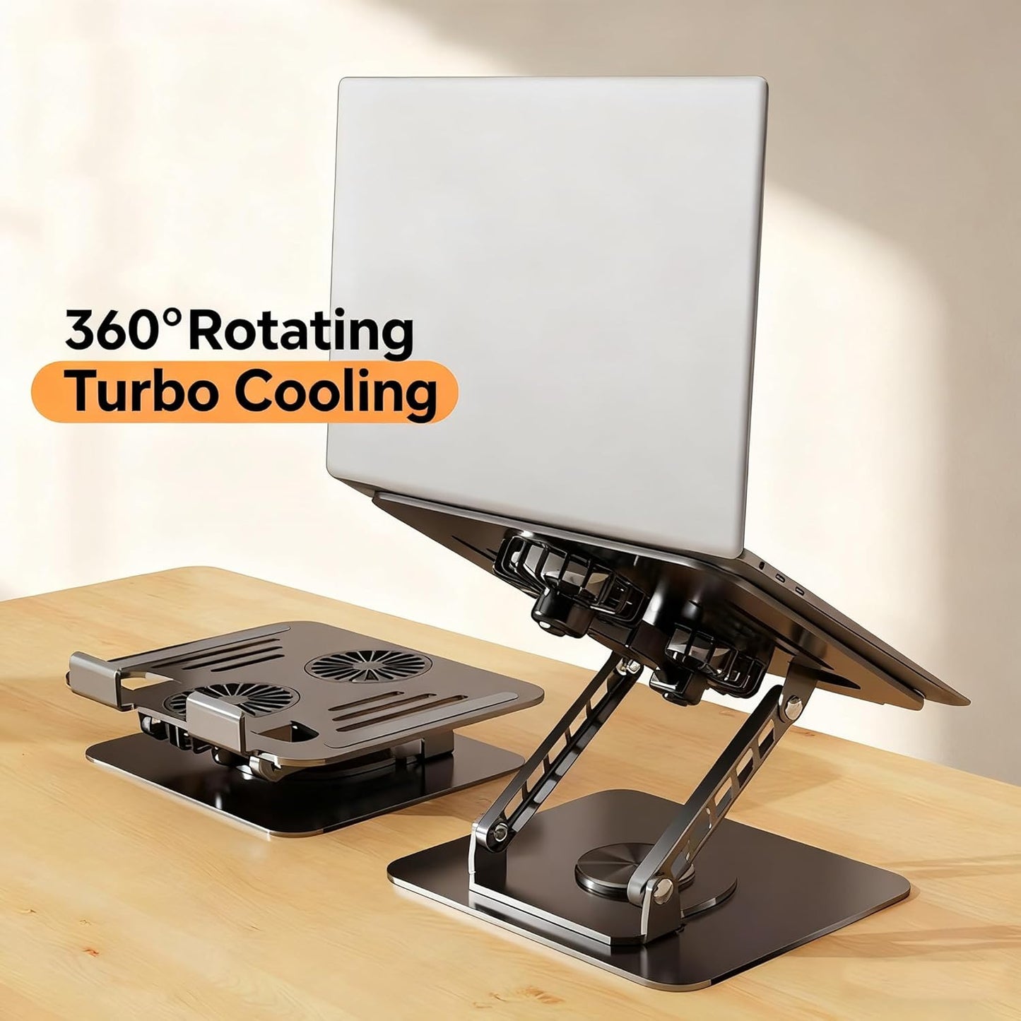 Selbst Laptop Stand for Desk with Quiet Cooling Fans - 360 Rotating Base Ergonomic Computer Stand, Aluminum Laptop Riser Foldable Protable for Office Home fits MacBook Air Pro, Dell, HP (10-17.3'')