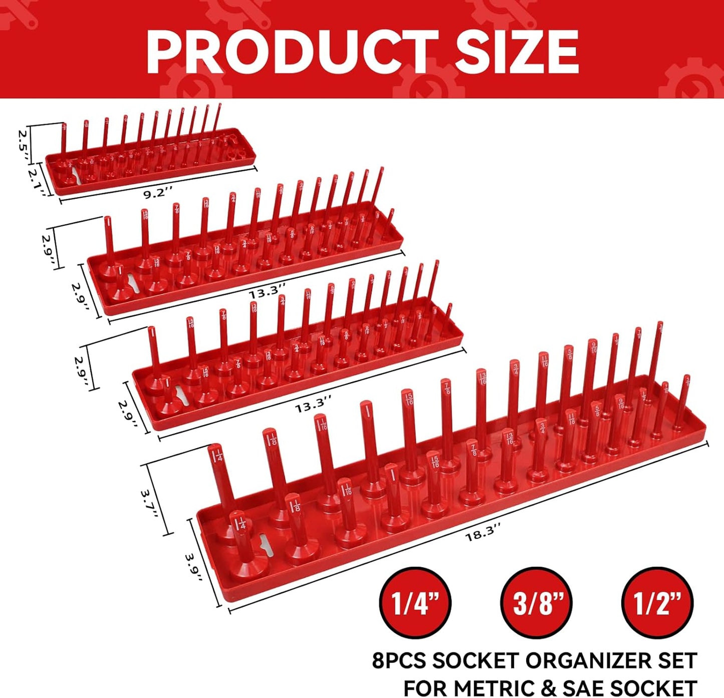 AIUITIO 6PCS Socket Organizer Tray Set, Red SAE & Black Metric Socket Storage Trays, 1/4-Inch, 3/8-Inch & 1/2-Inch Drive Deep and Shallow Socket Holders for Toolboxes