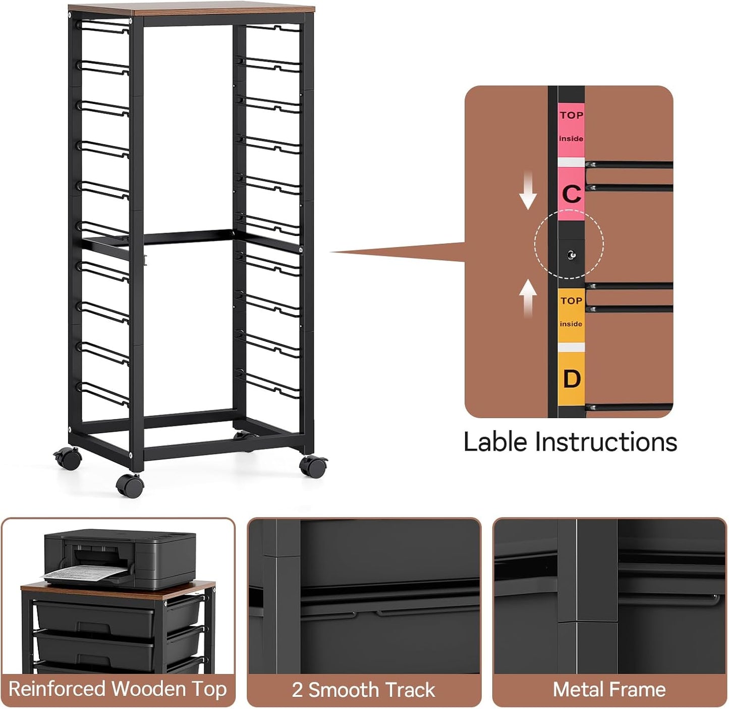 SYKIARIOL Rolling Storage Utility Cart with 6 Drawers and Wooden Tabletop for Under Desk Storage,White