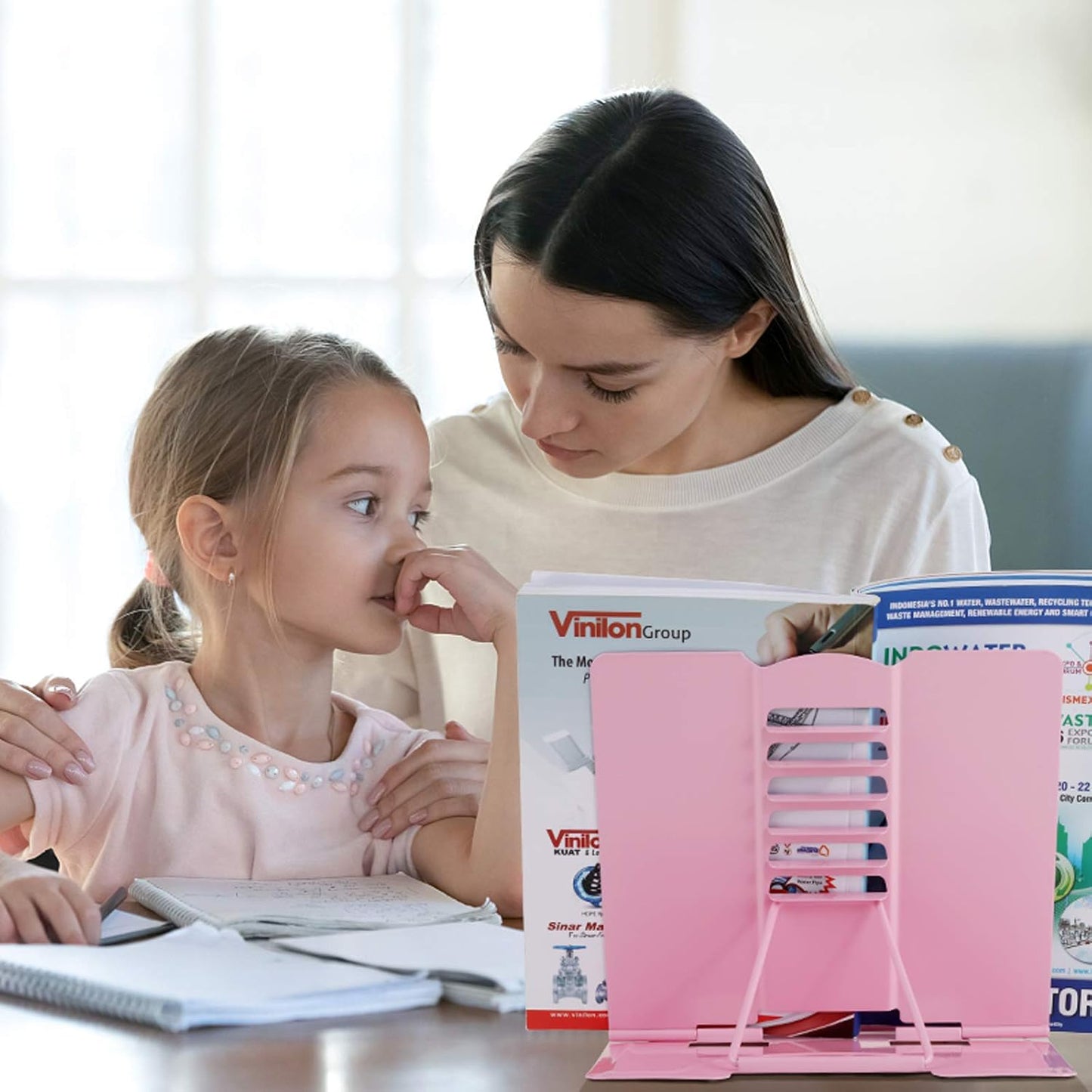 Blizzow Desk Book Stand Holder - Hands Free, Adjustable Metal Stand, Foldable Portable Bookstand - Cookbook, Recipe, Tablet, Music, Documents (Pink)