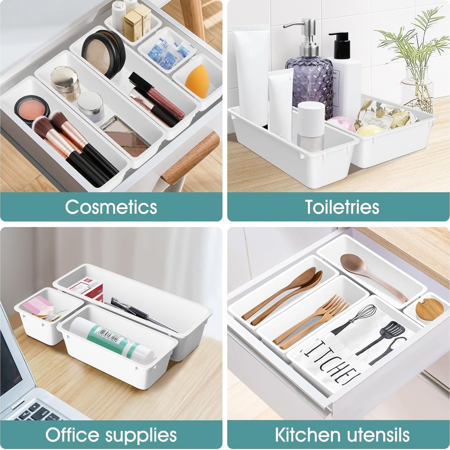 WOWBOX 25 PCS Clear Plastic Drawer Organizer Set, 4 Sizes Desk Drawer Divider Organizers and Storage Bins for Makeup, Jewelry, Gadgets for Kitchen, Bedroom, Bathroom, Office