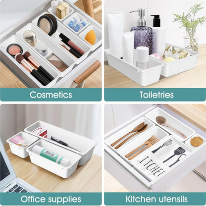 WOWBOX 25 PCS Clear Plastic Drawer Organizer Set, 4 Sizes Desk Drawer Divider Organizers and Storage Bins for Makeup, Jewelry, Gadgets for Kitchen, Bedroom, Bathroom, Office