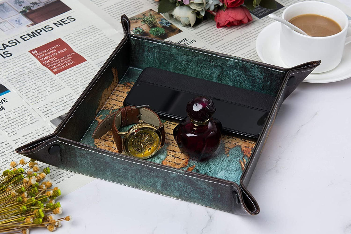 siduater Valet Tray Desktop Storage Organizer, Vegan Leather Catchall Bedside Vanity Tray Nightstand Caddy Holder for Remote Controller, Watch, Keys, Phone, Wallet, Sunglasses, Jewelry - Map