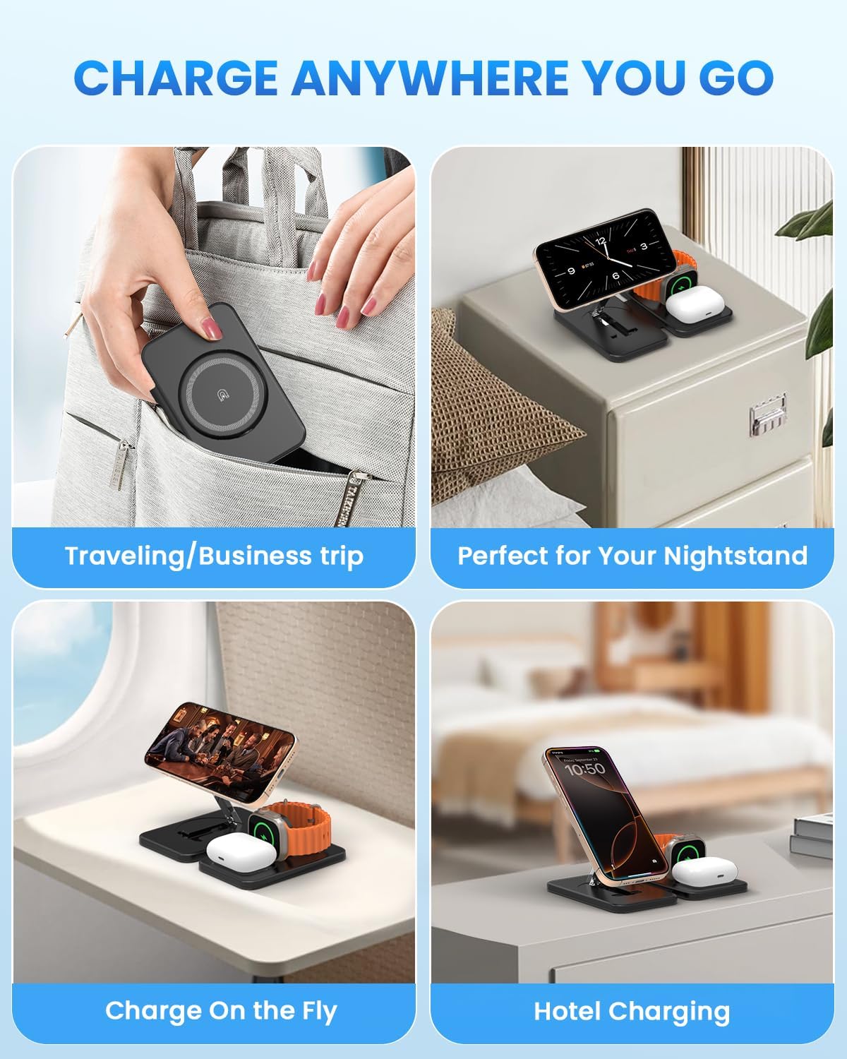 Charging Station for iPhone and Apple Watch: 3 in 1 Wireless Phone Charger Stand for iPhone 17 16 15 14 13 12 11 Pro Max & AirPods, Bedside Nightstand Docking