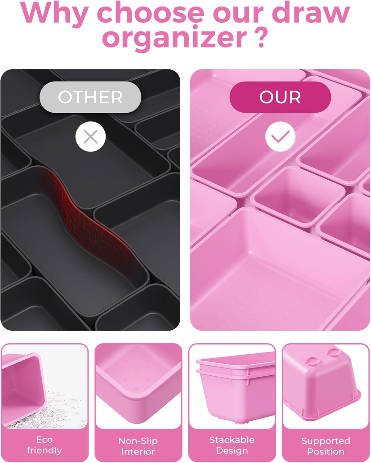 BiuLeon 25 PCS Plastic Drawer Organizers Set, 4-Sizes Vanity and Makeup Organizer, Desk and bathroom Drawer Organizer Trays, Organizers and Storage for Makeup, Jewelry, Gadgets, Utensils (Pink)