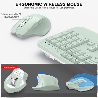 Wireless Keyboard and Mouse Combo, 2.4G Full Size Wave Keys Ergonomic Keyboard with Wrist Rest and 3-Level DPI Adjustable Wireless Ergonomic Mouse for Windows, Mac OS Desktop/Laptop/PC(Black)