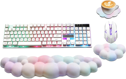 Ergonomic Keyboard Wrist Rest, PU Leather Memory Foam Cloud Wrist Rest for Computer Keyboard, Mouse Wrist Rest and Keyboard Pad for Gaming, Office, Computer, Laptop, Typing Pain Relief, Pastel Pink