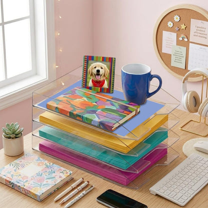 Acrimet 4 Tier Paper Organizer Letter Tray - Plastic Stackable Desk File Organizer, Front Load Paper Sorter Organizer for Letter/A4 Office File Folder Holder - Clear Crystal