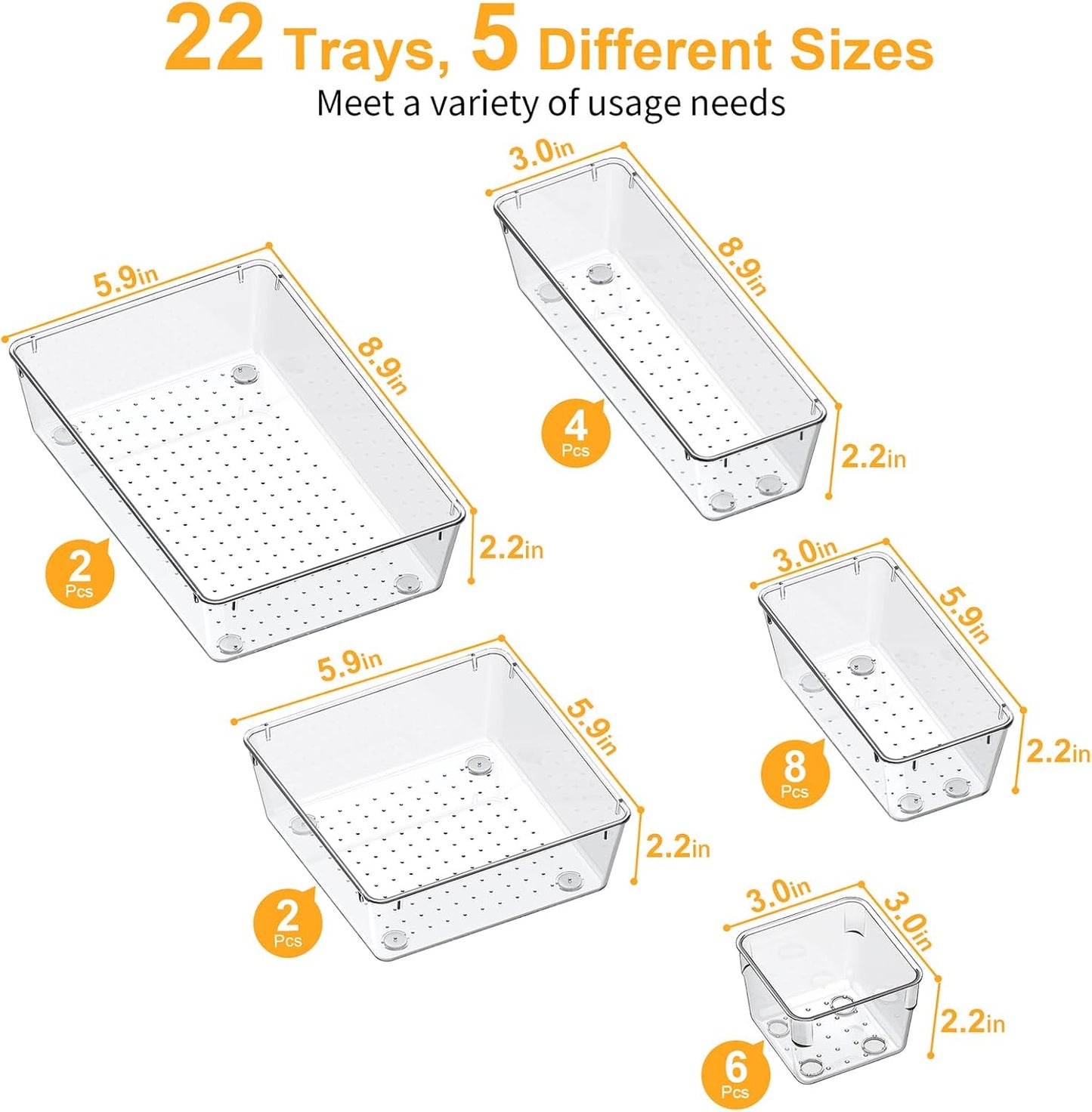 SMARTAKE 13-Piece Drawer Organizers with Non-Slip Silicone Pads, 5-Size Desk Bathroom Drawer Organizer Trays Storage Tray for Makeup, Jewelries, Utensils in Bedroom Dresser, Office and Kitchen, Clear