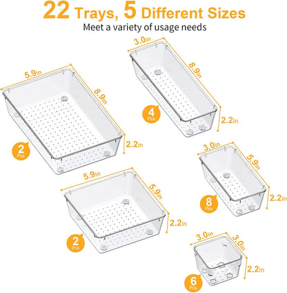 SMARTAKE 13-Piece Drawer Organizers with Non-Slip Silicone Pads, 5-Size Desk Bathroom Drawer Organizer Trays Storage Tray for Makeup, Jewelries, Utensils in Bedroom Dresser, Office and Kitchen, Clear