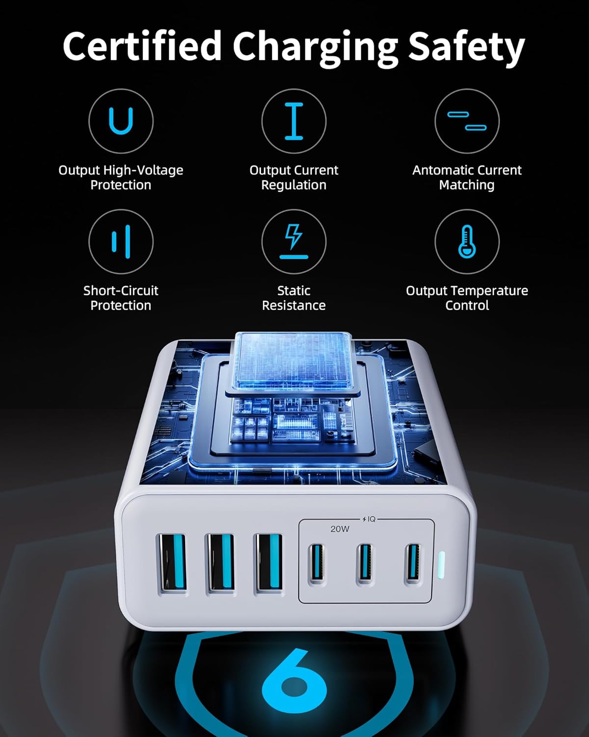 105W USB C Fast Charger, 6-Port Desktop GaN USB Charging Station Hub, USB C Charger Block Wall Charger for iPhone 17/16/15/14/13/12/11, iPad, Samsung and More (Cable Organizer Included)