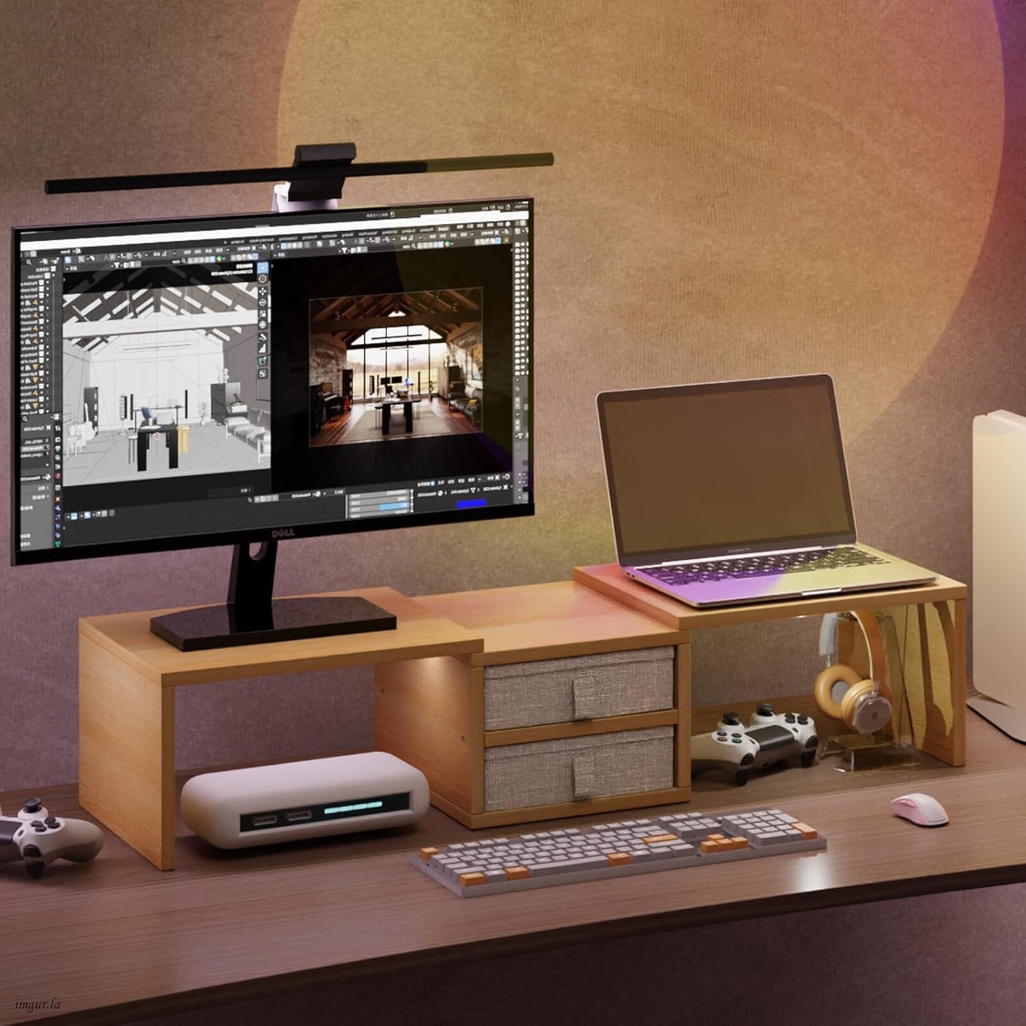 TEAMIX Dual Monitor Stand Riser with 2 Drawers-Length and Angle Adjustable 3 Shelf Monitor Riser with Storage Desk Organizer Large Computer Monitor Stand for 2 Monitors/Laptop/PC,Wood Screen/TV Stand