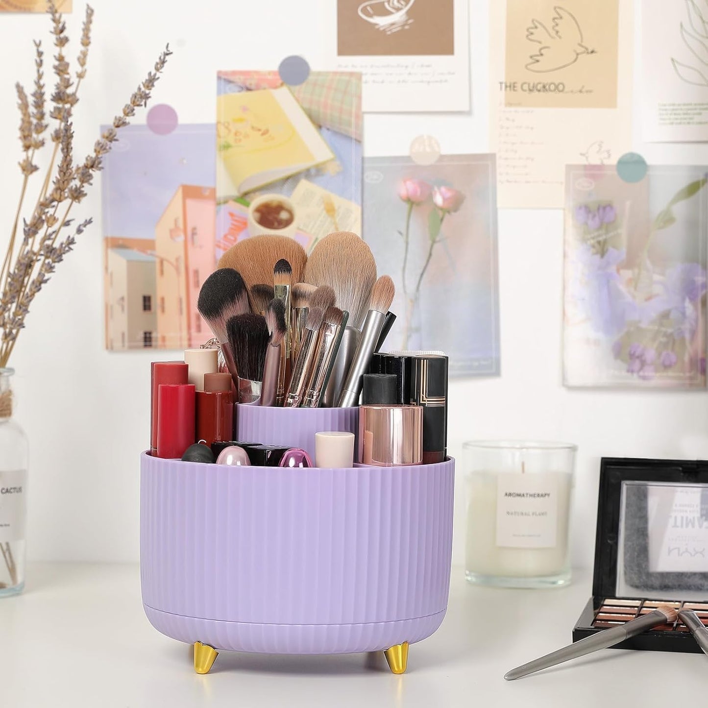SKYDUE 360 Rotating Purple Pen & Art Supply Organizer - 5 Slot Desk Organizer for Office, School, Home