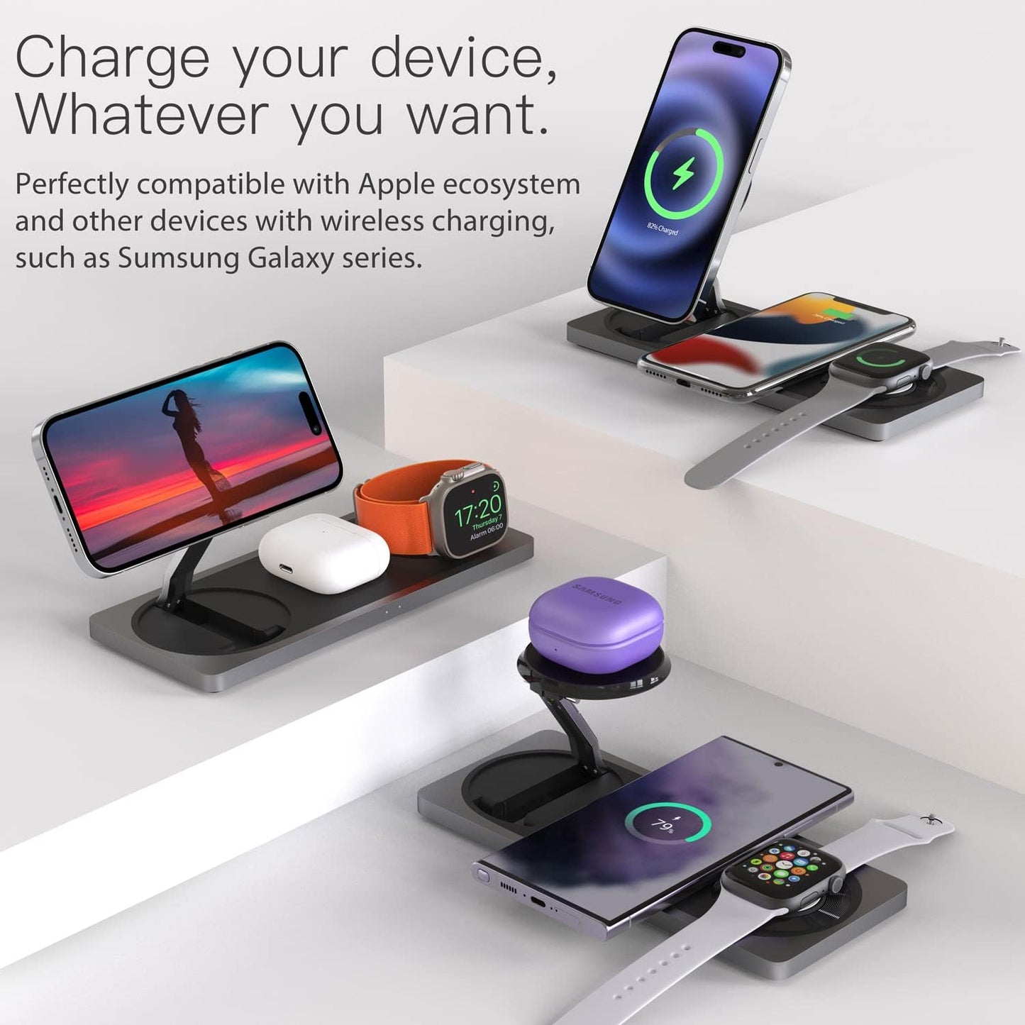 3-in-1 Charging Station for Apple Devices: Used for iPhone and Watch Charging Station with Magsafe Charger Stand, Wireless Charger for iPhone 17 Air 16 15 14 13 Series, Apple Watch Ultra, AirPods Pro