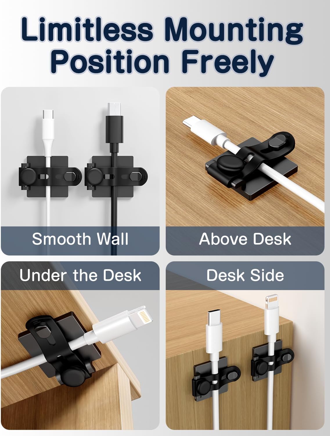 Viaky Under Desk Cable Management, 10-Pack Adjustable Adhesive Cable Clips with Silicone Straps, Multi-Purpose Wire Cord Organizers for PC, TV and Office Desk