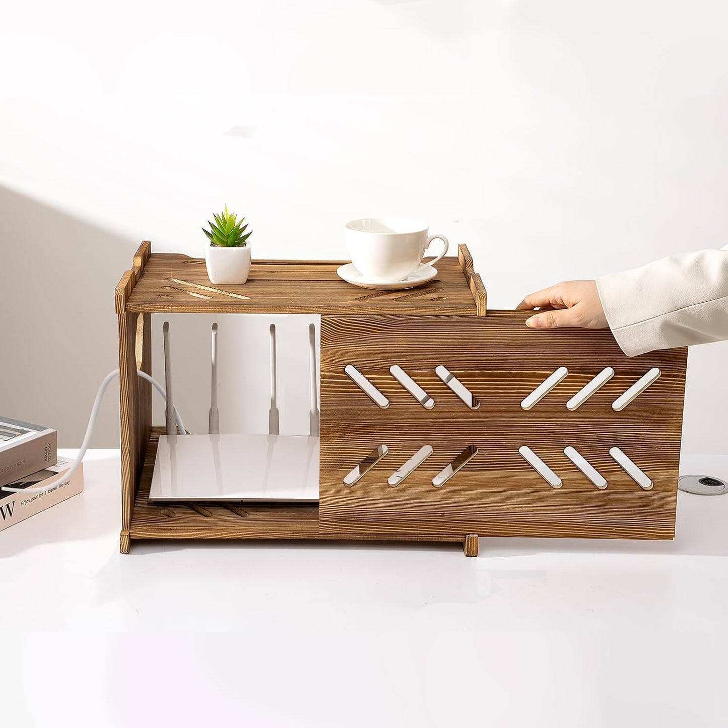 Solid Wood Projector Shelf Router Shelf Projector Stand Router Storage Box Router Cover Organized Modem Cable Power Strip Cable Management Hider Rack by Need Assembly (White)