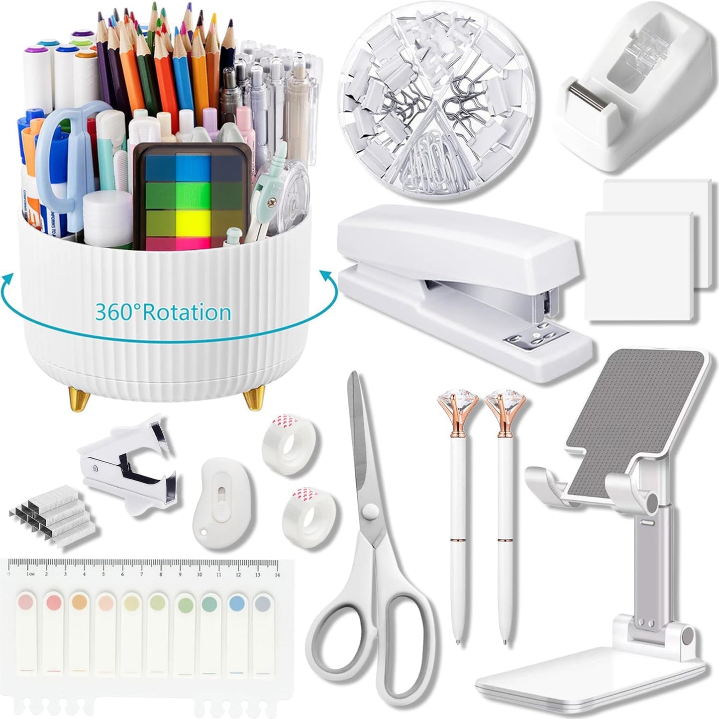suniya Office Supplies,Gold Desk Accessories,with Stapler,Tape Dispenser,Pen Holder,Scissors,Phone Stand,Staple Remover,Ballpoint Pen,Clear Tape, Staples,Ruler,Clips,Best Gift for Business or Boss