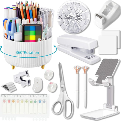 suniya Office Supplies,Gold Desk Accessories,with Stapler,Tape Dispenser,Pen Holder,Scissors,Phone Stand,Staple Remover,Ballpoint Pen,Clear Tape, Staples,Ruler,Clips,Best Gift for Business or Boss