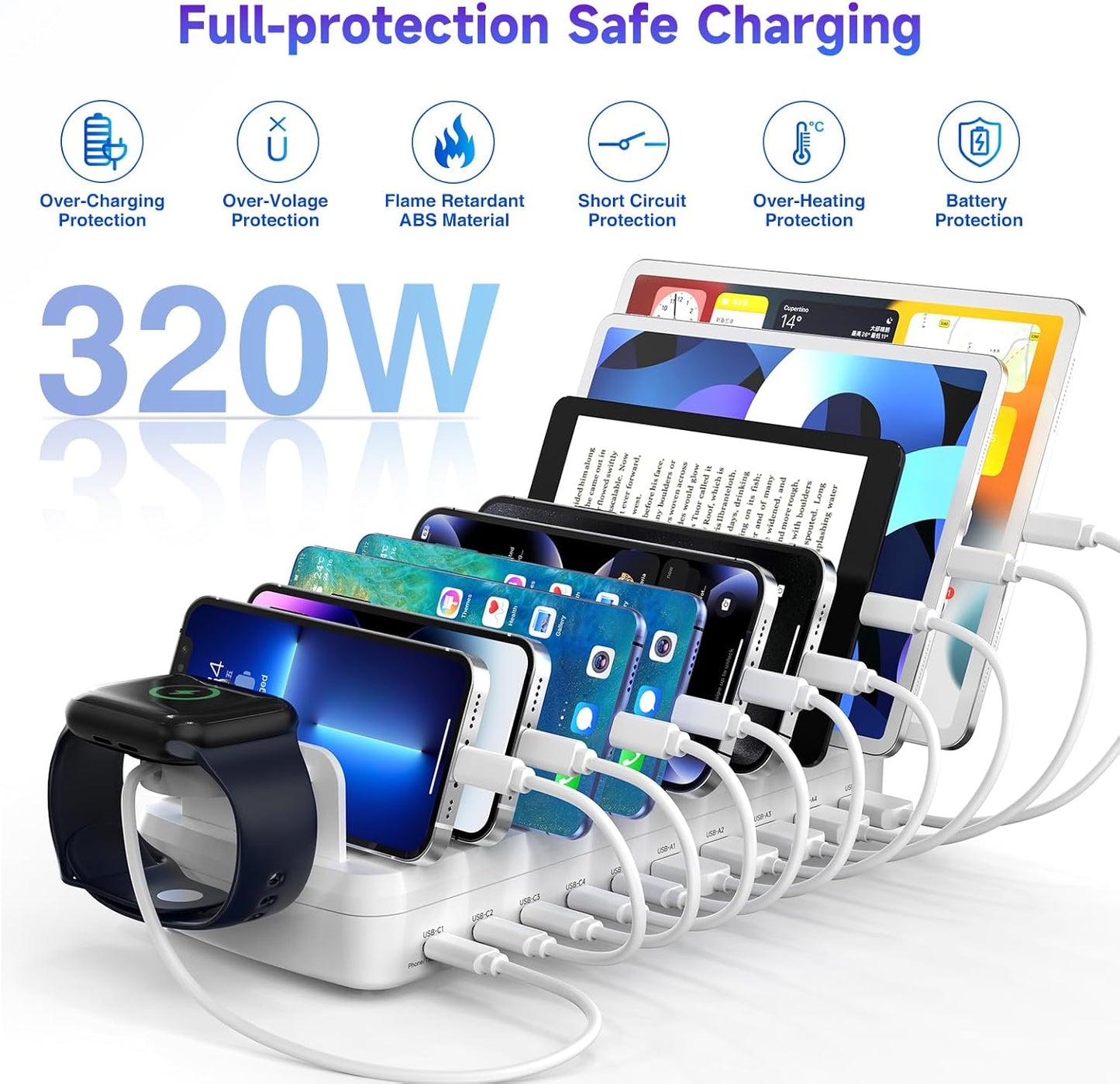 320W Charging Station for Multiple Devices, 10 Ports Fast Multi-Device Charger Organizer Compatible with MacBook Pro Laptop, iPhone, Android, Ipad, Tablet, Kindle, Family Multi-Device Charging Dock
