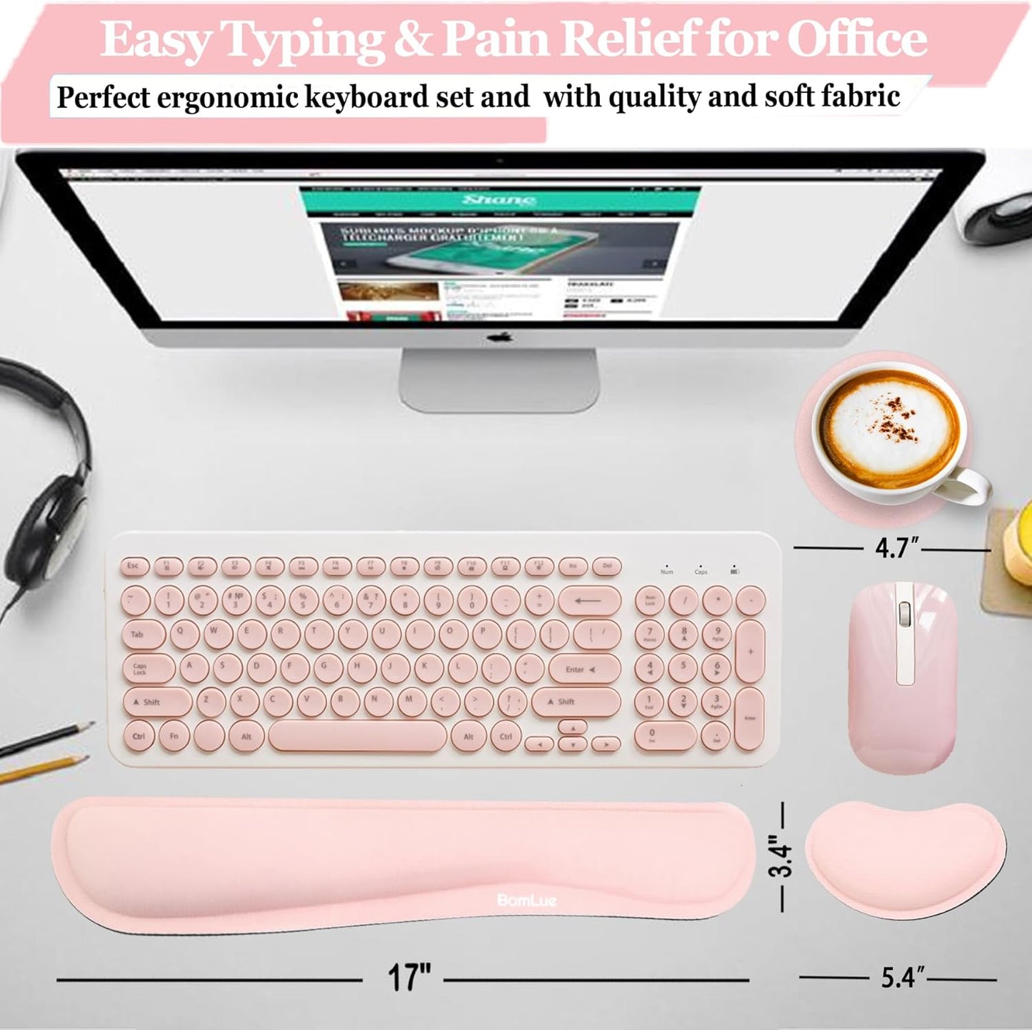 BamLue Upgrade Silky and Superfine Fabric Keyboard Wrist Rest, Gel Mouse Wrist Pillow Pad Set for Easy Typing & Pain Relief for Laptop, Office & Home, Ergonomic Sets for Keyboard-Pink