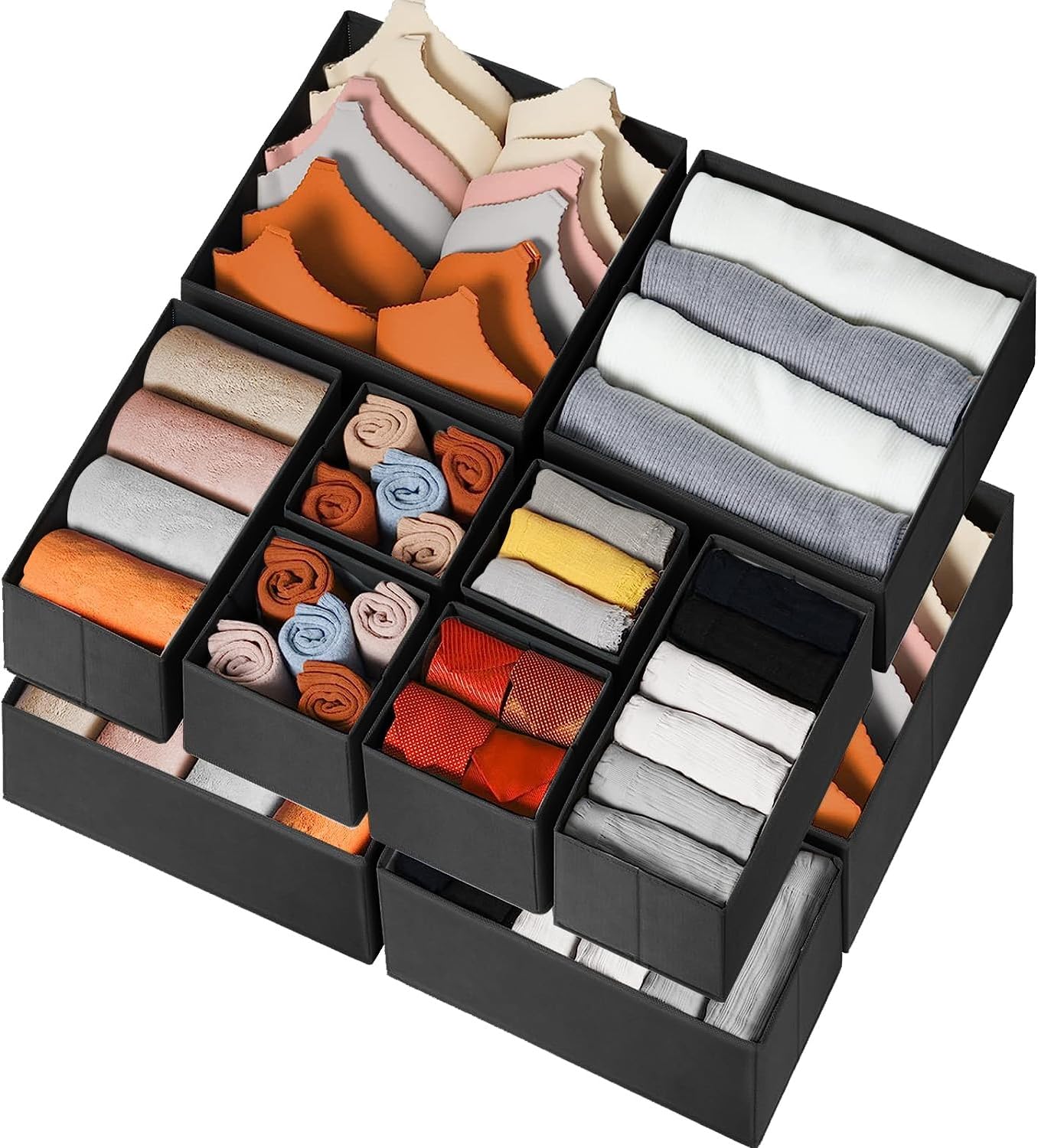 Criusia Drawer Organizer Clothes 12 Pack, Dresser Organizer for Nursery Bedroom Closet Organization and Storage - Baby Clothes Organizer Bins - Drawer Divider for Sock Underwear Bra Ties (Grey)