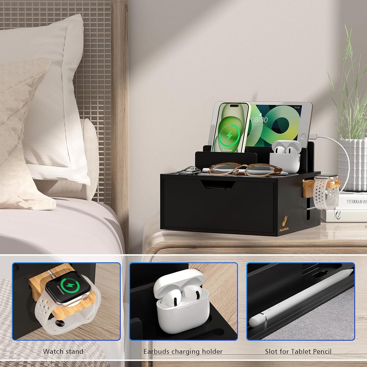 Pezin & Hulin Bamboo Charging Station for Multi Device, with Power Charger & Cables, Nightstand Docking Station with Lined Tray & Drawer, Compatible with Tablet, Cell Phones