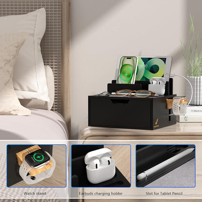Pezin & Hulin Bamboo Charging Station for Multi Device, with Power Charger & Cables, Nightstand Docking Station with Lined Tray & Drawer, Compatible with Tablet, Cell Phones
