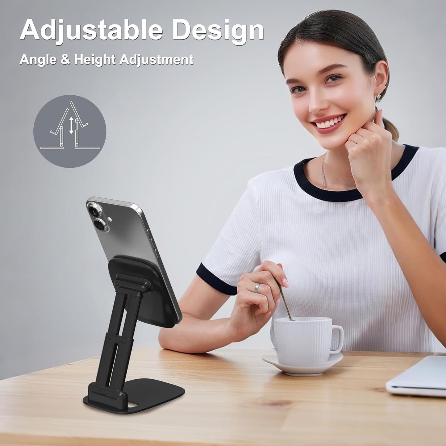 DEERLAMN Cell Phone Stand for Desk, Height Adjustable Cell Phone Holder Portable Desktop Stand, Travel Home Office Desk Accessories Compatible with iPhone 16/15/14/13/12/11 All Smartphone - Pink