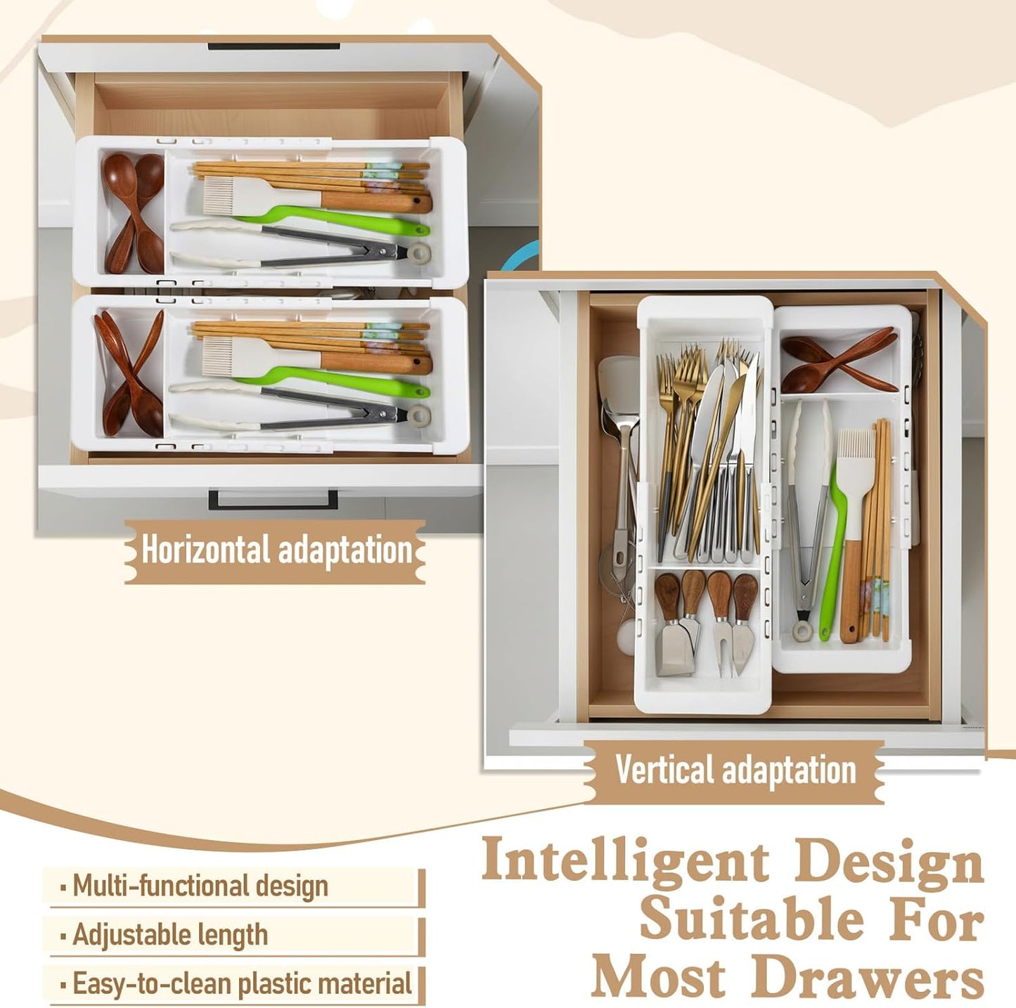 2Pcs Expandable Sliding Drawer Tray with Adjustable Dividers, White Plastic Deep Desk Drawer Dividers Organizers Expandable 11.4 to 18.1 Inches For Utensils Office Bathroom Bedroom Kitchen