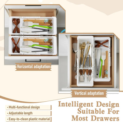 2Pcs Expandable Sliding Drawer Tray with Adjustable Dividers, White Plastic Deep Desk Drawer Dividers Organizers Expandable 11.4 to 18.1 Inches For Utensils Office Bathroom Bedroom Kitchen
