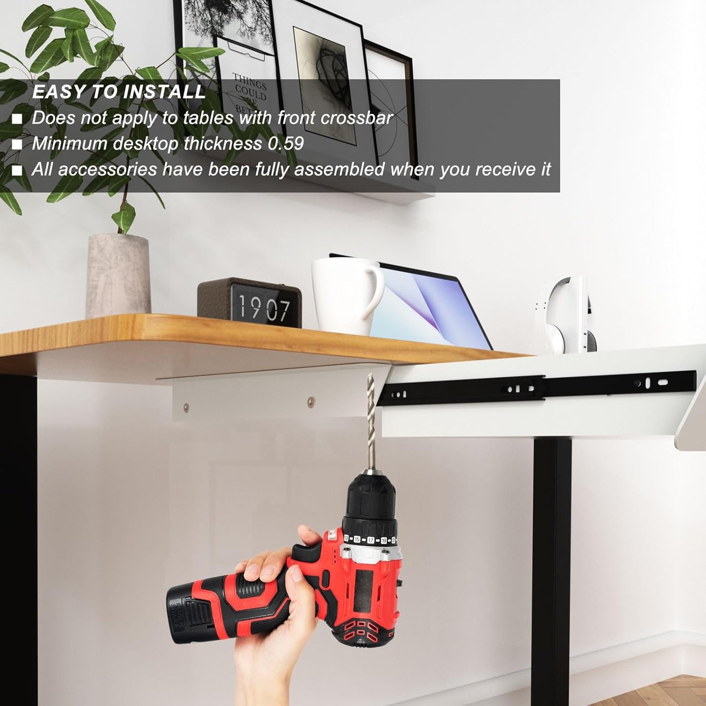 Under Desk Mounted Sliding Drawer with 60 Degree Tilt Panel to Pull Out, 15'' Long & 9'' deep Large Storage Organizer for Sit Stand Workstation