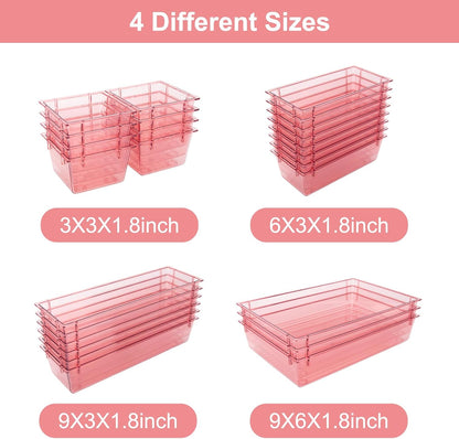 25 Pack Desk Drawer Organizer Set,Vanity and Desk Drawer Storage Bins,Clear Plastic Drawer Organizer Trays for Makeup,Office,Bathroom and Kitchen(pink)