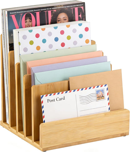 Bamboo Desk File Organizer, 5-Section Vertical Mail Sorter, Home Office Desktop Holder for Folders, Letters, Envelopes, Bills, Documents Storage