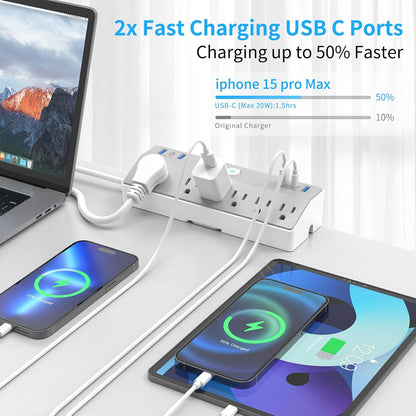 Desk Clamp Power Strip with 40W Fast Charging Station, JXGUCAT 10FT Flat Plug Desk Mount Power Strip Surge Protector, Removable Extension Cord with 2 USB-C Ports 6 Outlets, Fits 1.8" Tabletop Edge